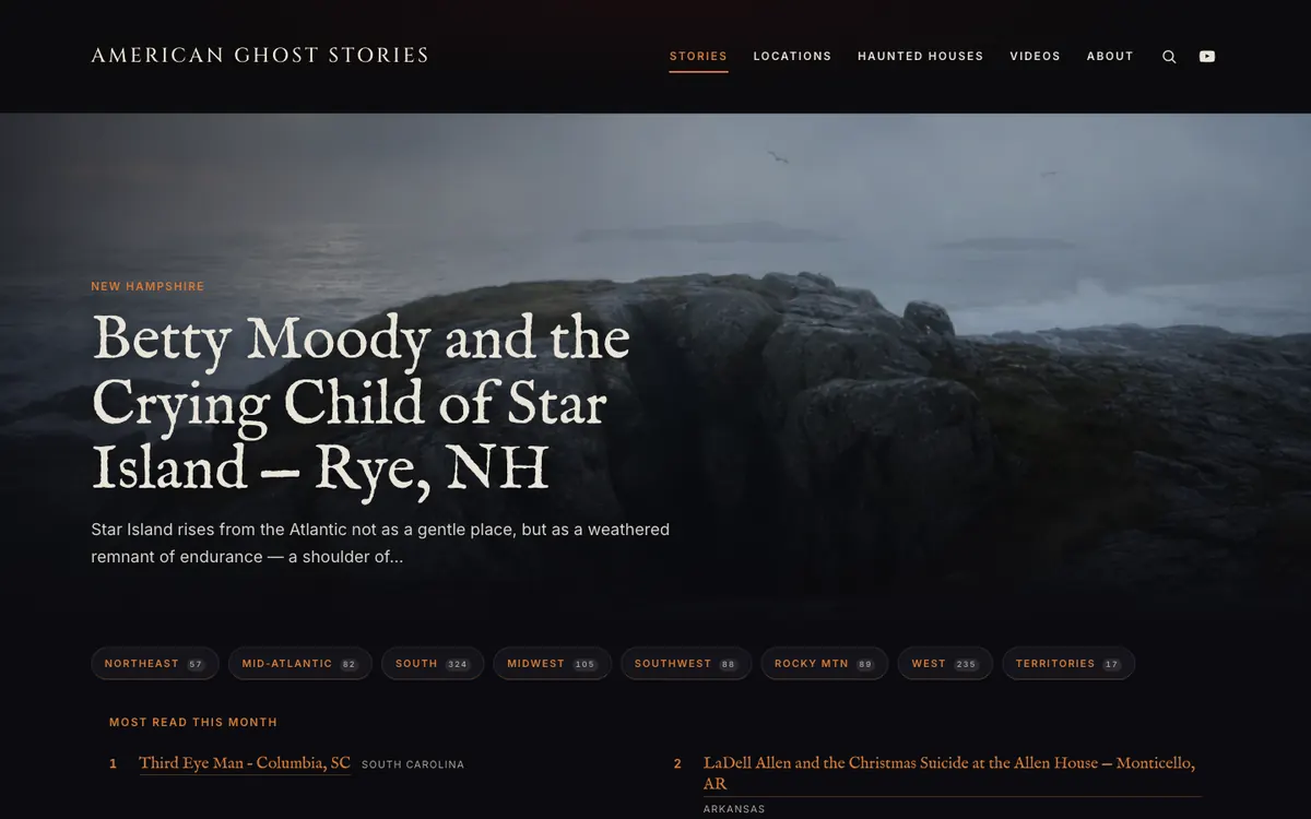 Screenshot of the American Ghost Stories home page