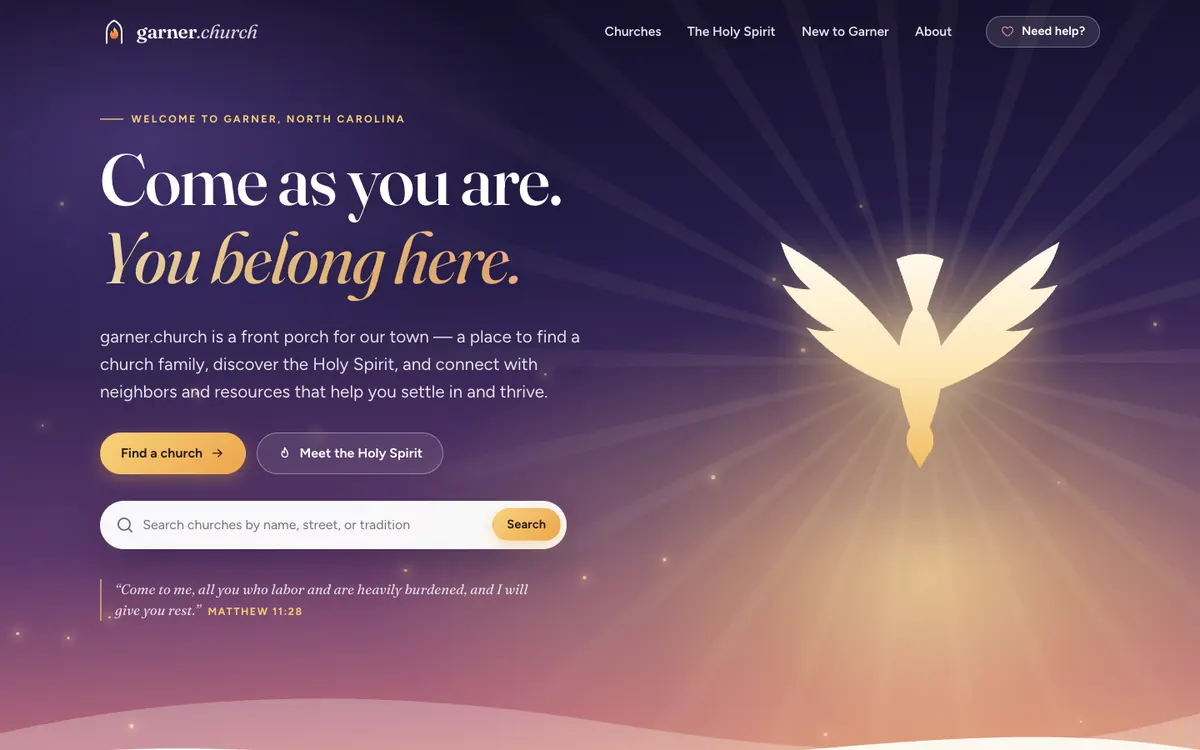 Screenshot of the garner.church home page