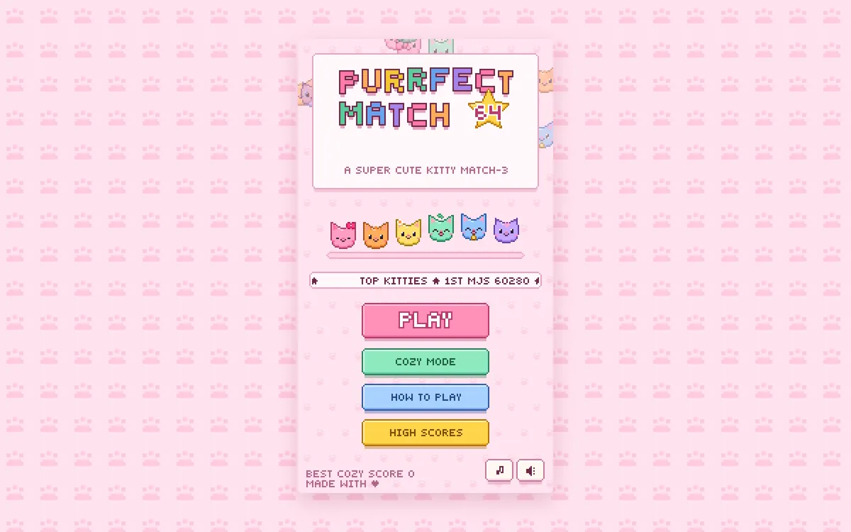 Screenshot of the Purrfect Match 64 title screen